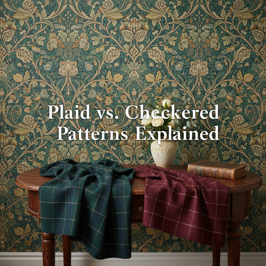 Decorative William Morris-style title card for the article “Plaid Vs Checkered Patterns Explained”, with the heading lettered inside an ornate botanical border.