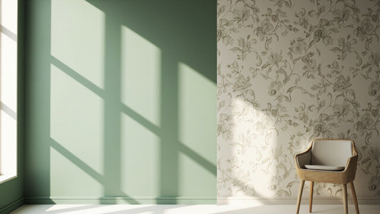 An interior wall split between solid sage-green paint and patterned floral wallpaper