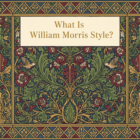 William Morris Trellis wallpaper showing roses and birds on a green lattice ground