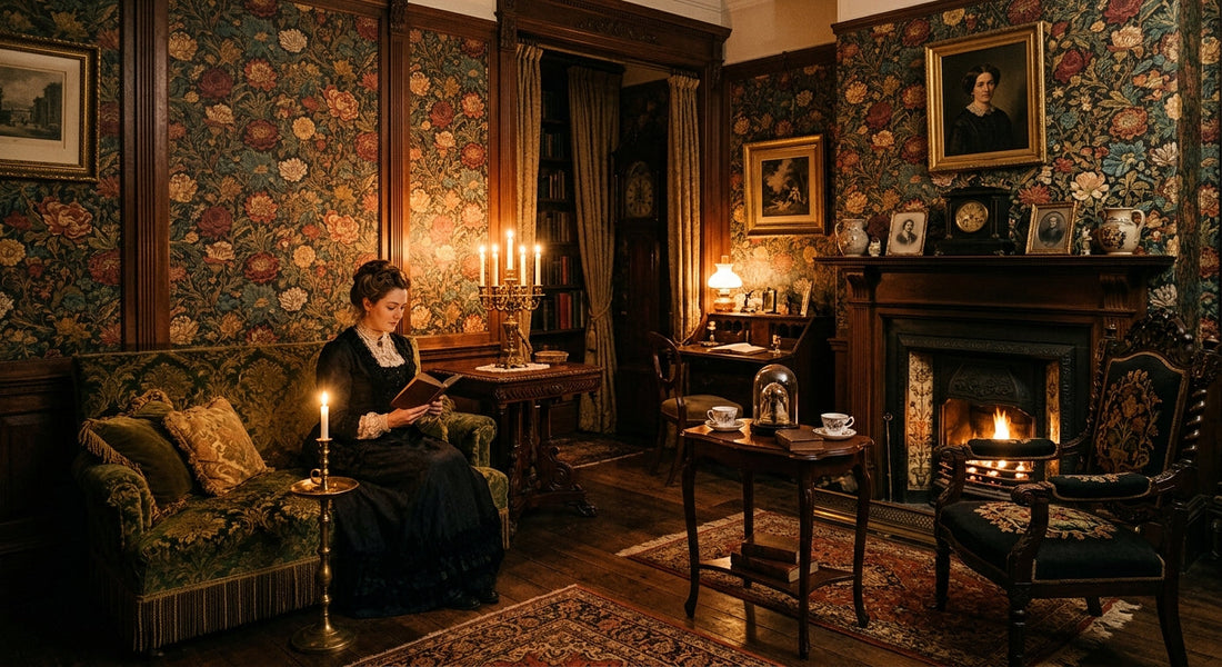 Historical hand-block-printed wallpaper sample in a deep colored ground
