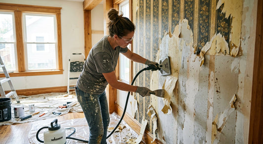 Wallpaper being peeled off a wall after soaking with stripping solution