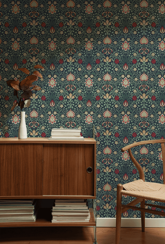 Deep red wallpaper with traditional damask pattern in tone-on-tone weave