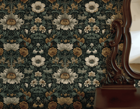 Moody floral wallpaper in deep greens and burgundy installed in a formal dining room