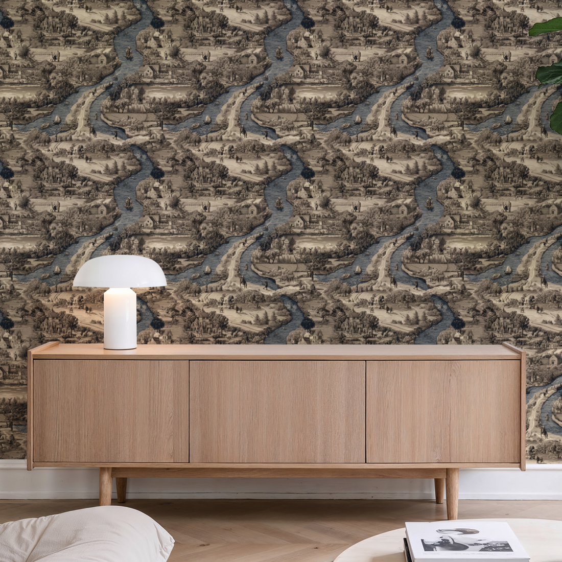 Monochrome black-and-white wallpaper with bold geometric pattern