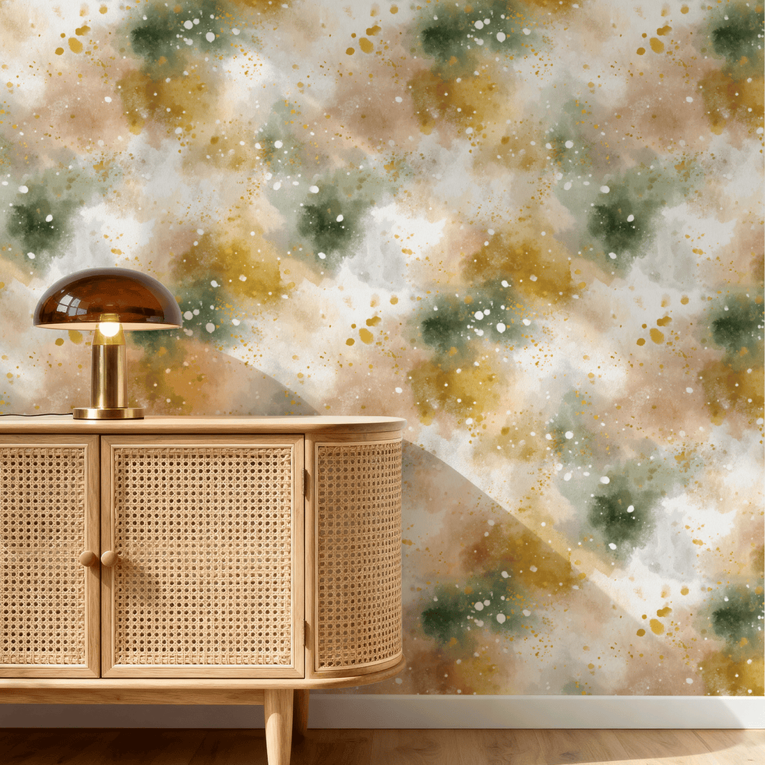 Abstract painterly wallpaper with overlapping brushstroke shapes in muted tones