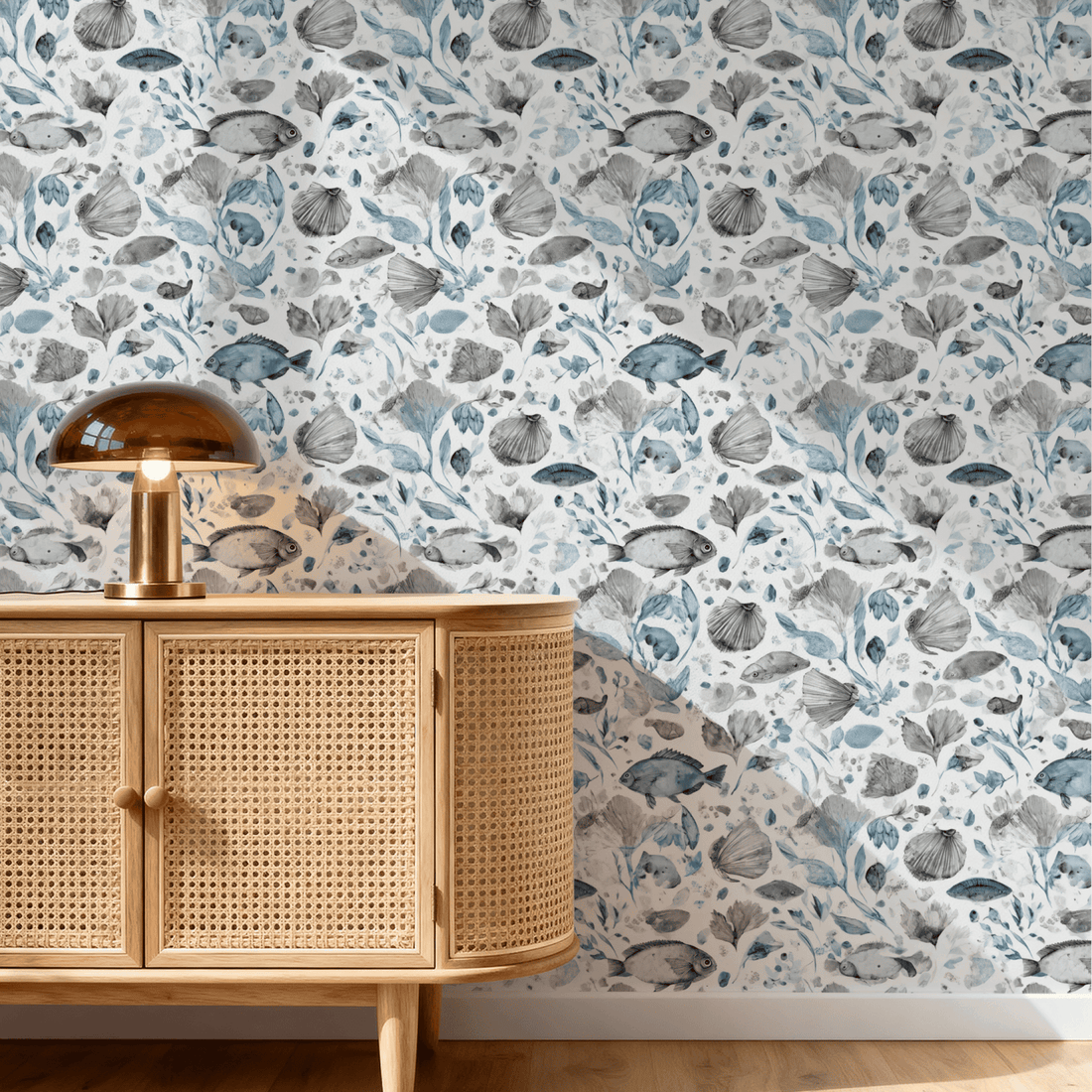 Sea-life wallpaper showing stylized fish and seaweed in blue and gold