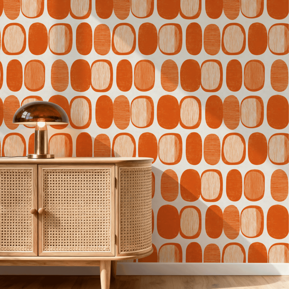 Mid-century modern wallpaper with abstract geometric pattern in warm earth tones