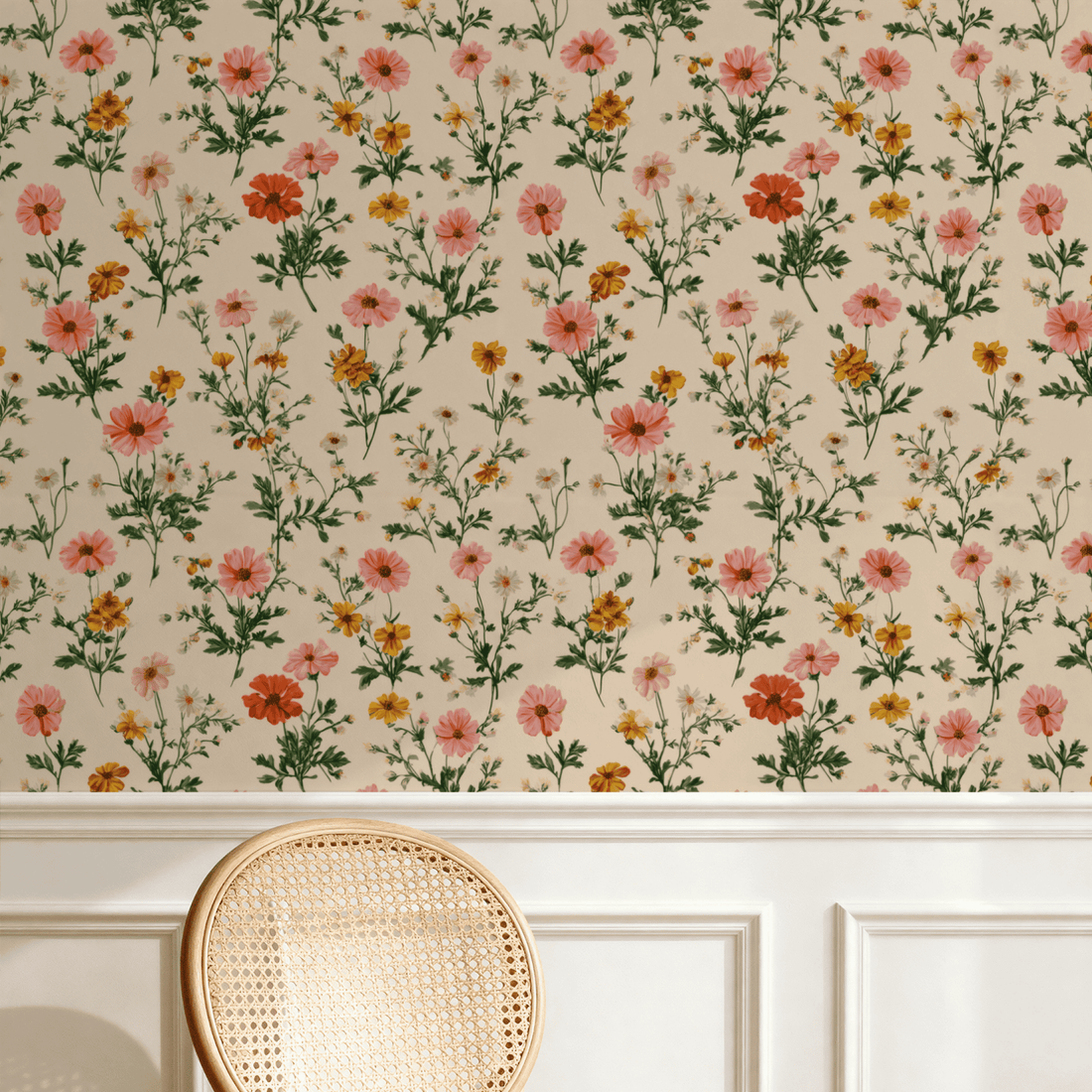 Cottagecore wallpaper with small scattered wildflowers in pastel colors on a cream ground