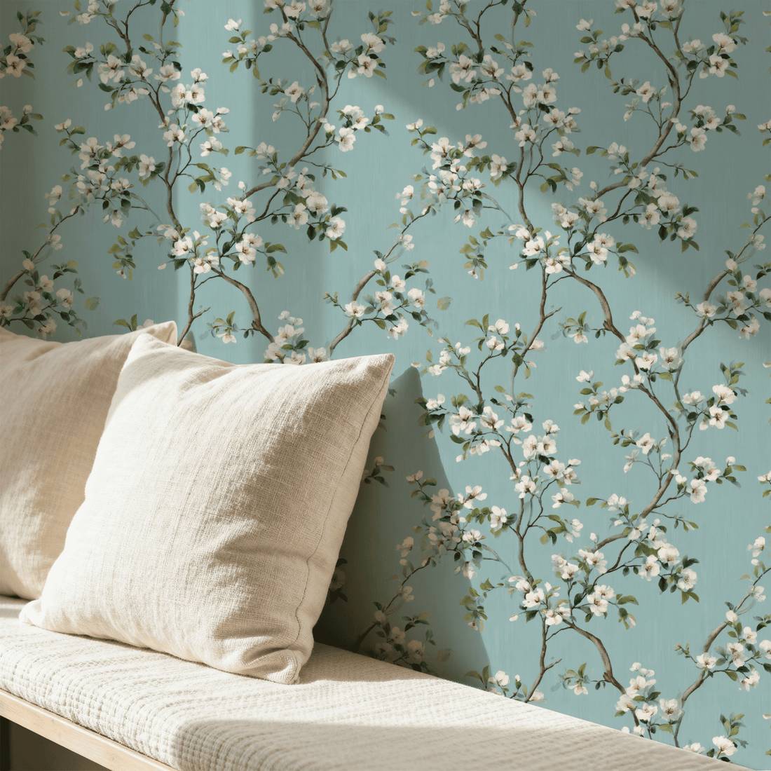 Watercolor-effect wallpaper with soft brushwork floral pattern in pale colors