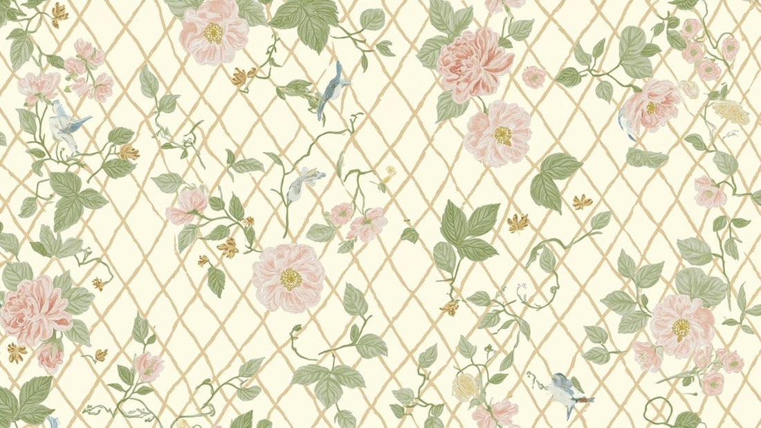 William Morris Trellis wallpaper showing climbing roses on a diamond lattice grid with birds at the intersections