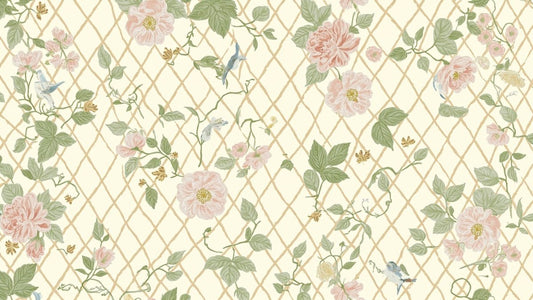 William Morris-inspired trellis pattern with climbing roses and small birds on cream ground