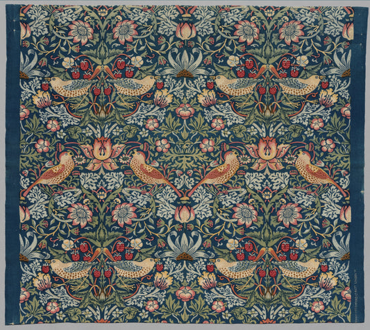 Strawberry Thief printed cotton designed by William Morris, paired thrushes among strawberries and flowers on a dark indigo ground, this length printed at Merton Abbey about 1936