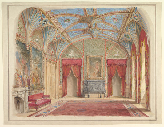 Watercolor design for the drawing room at Eastnor Castle with a blue fan-vaulted ceiling with gilded ribs, green patterned walls, red curtains and a Gothic mantelpiece, by John Gregory Crace to a design by A.W.N. Pugin, about 1850