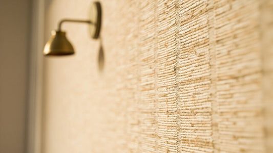 Natural seagrass grasscloth wallpaper installed on a living room wall, showing the woven plant fiber texture
