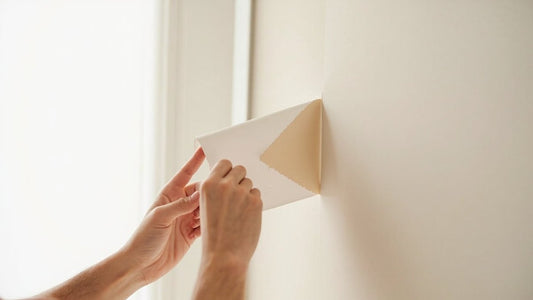 Hand peeling the paper backing from a self-adhesive wallpaper panel before applying it to a wall