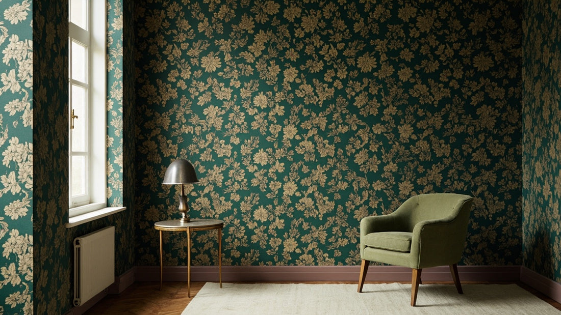 Dining room with bold large-scale floral statement wallpaper covering one wall