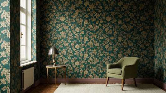 Dining room with bold large-scale floral statement wallpaper covering one wall