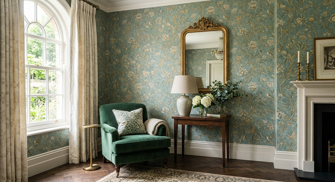 Roll of patterned wallpaper unfurled to show its repeating design