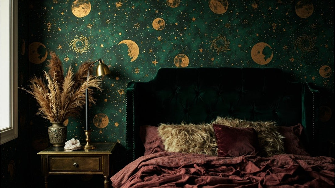 Whimsigoth bedroom with deep emerald velvet upholstered headboard, celestial-print bedding, and vintage astrology charts on dark walls