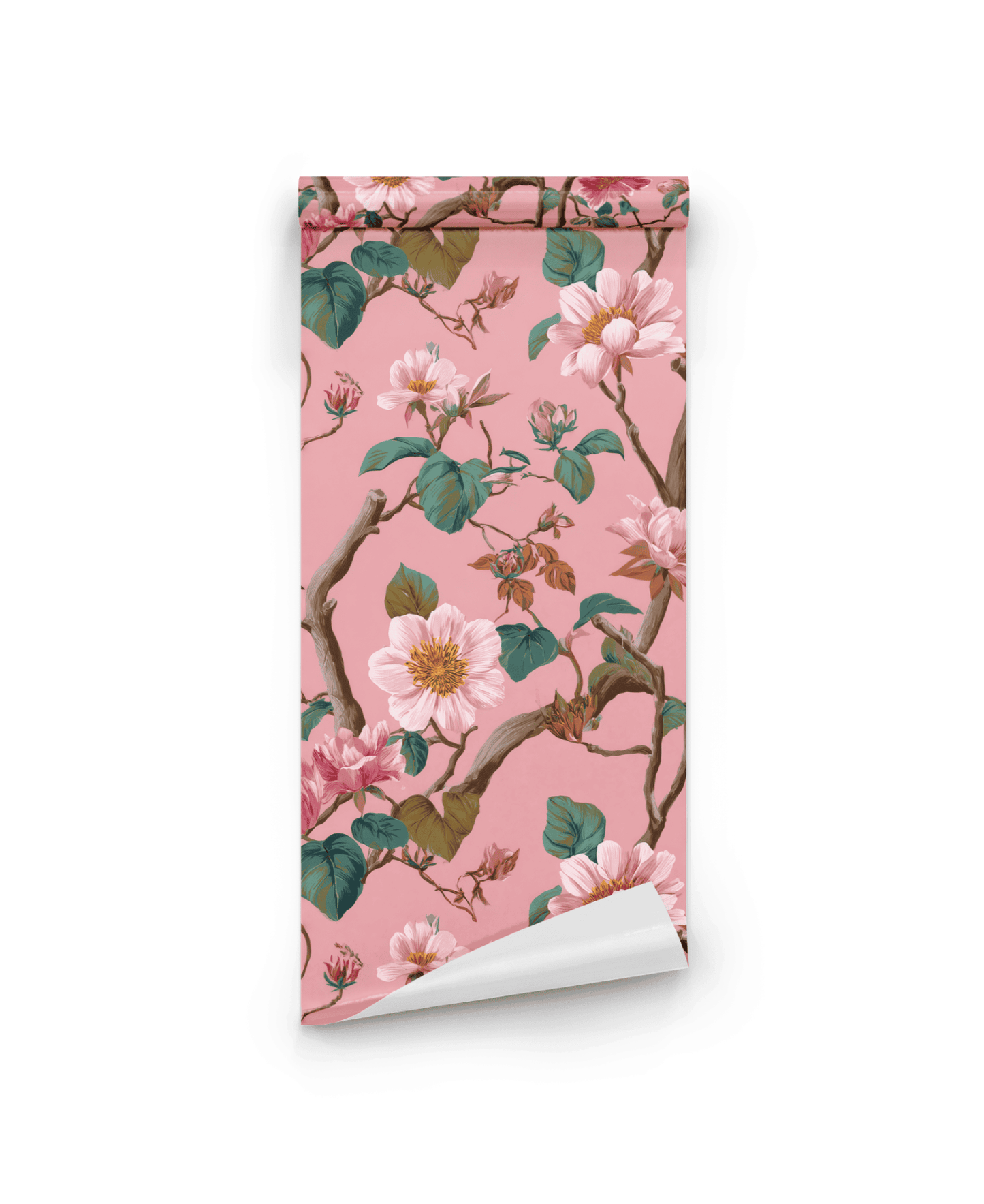Floral Serenity Wallpaper features a soft pink background adorned with delicate blooms, green leaves, and elegant branches in a striking floral pattern.