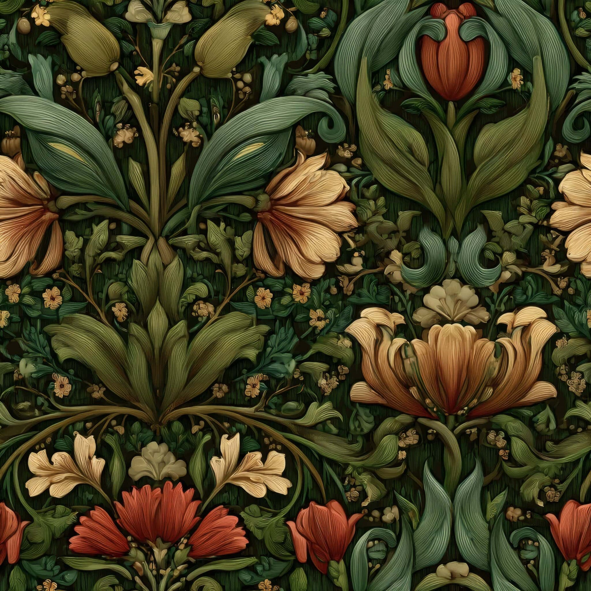 Intricate floral wallpaper design with green leaves and red flowers on a dark background.