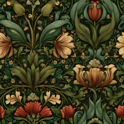 Intricate floral wallpaper design with green leaves and red flowers on a dark background.