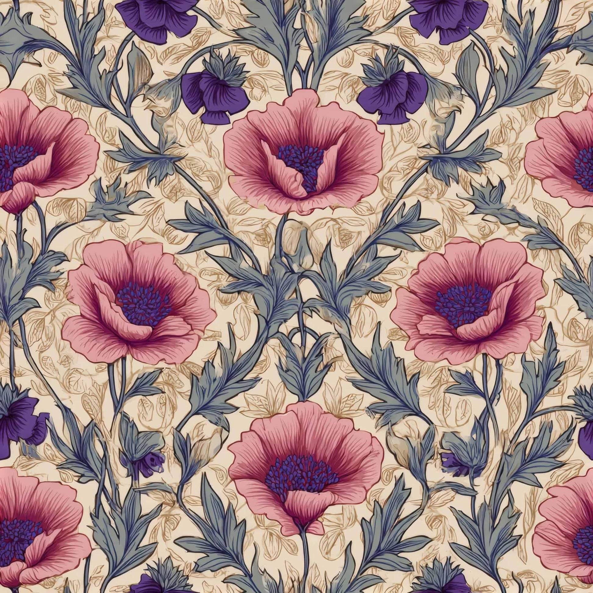 Floral wallpaper with pink and purple flowers on a soft background.