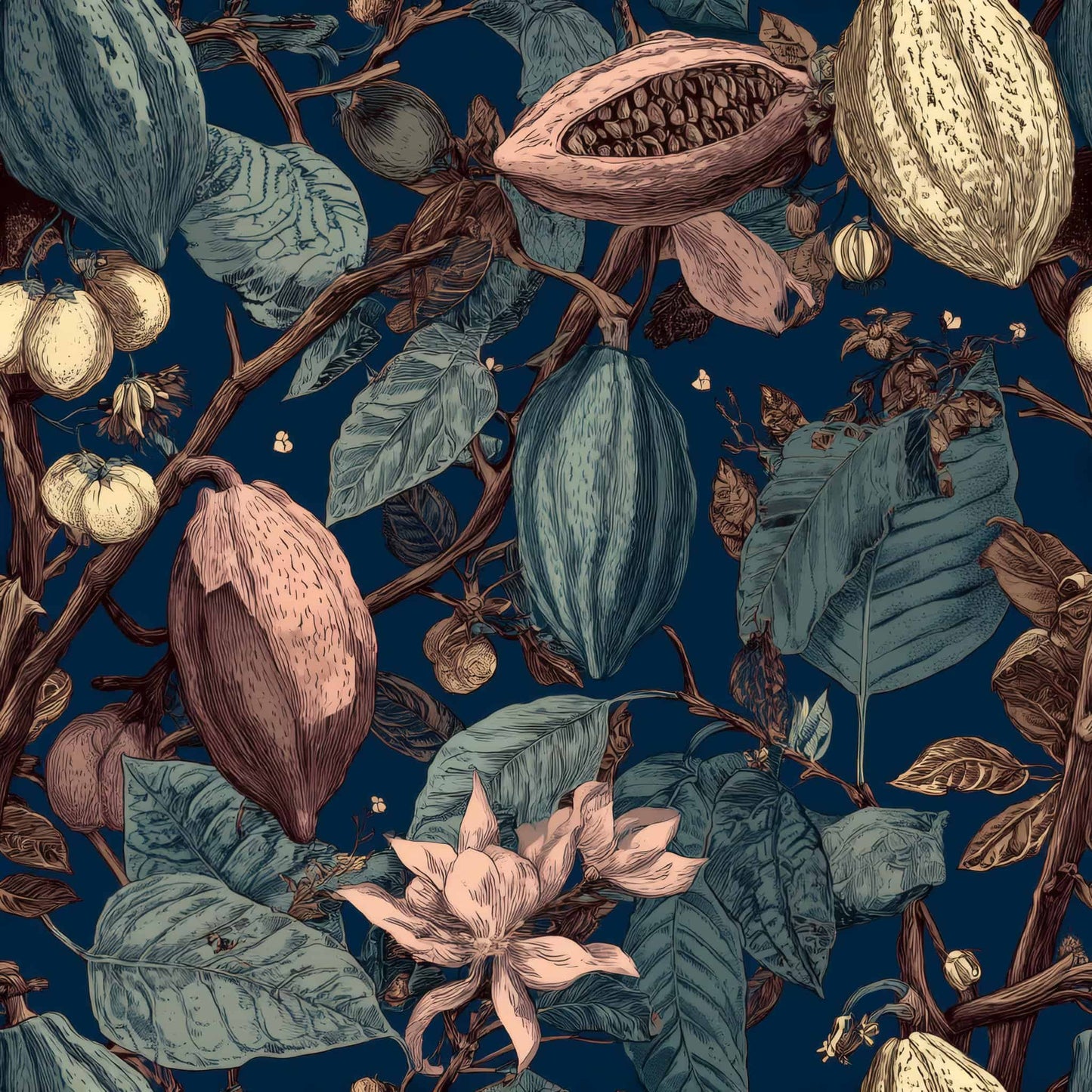 Botanical pattern with cocoa pods, leaves, and flowers on a deep blue background.