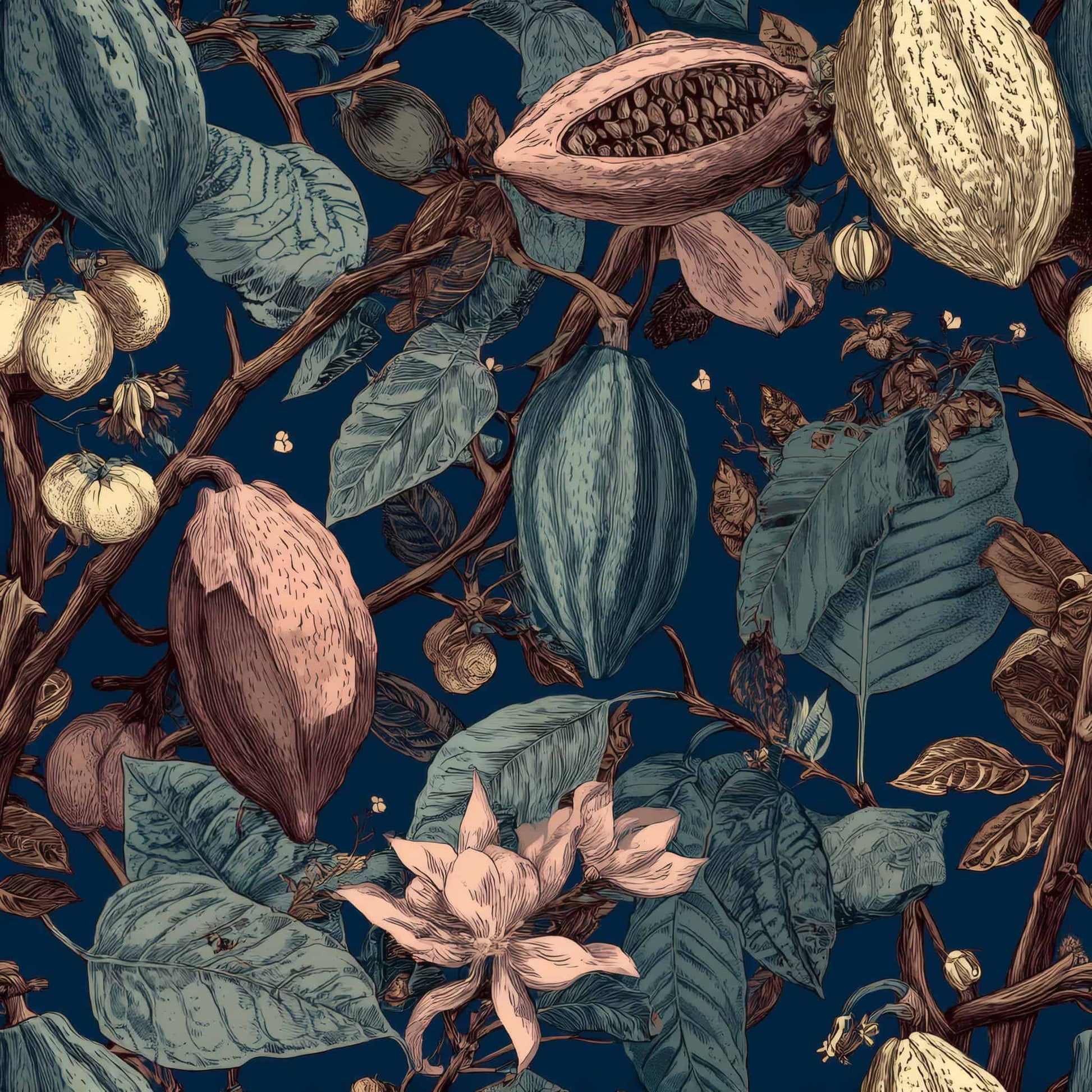 Botanical pattern with cocoa pods, leaves, and flowers on a deep blue background.