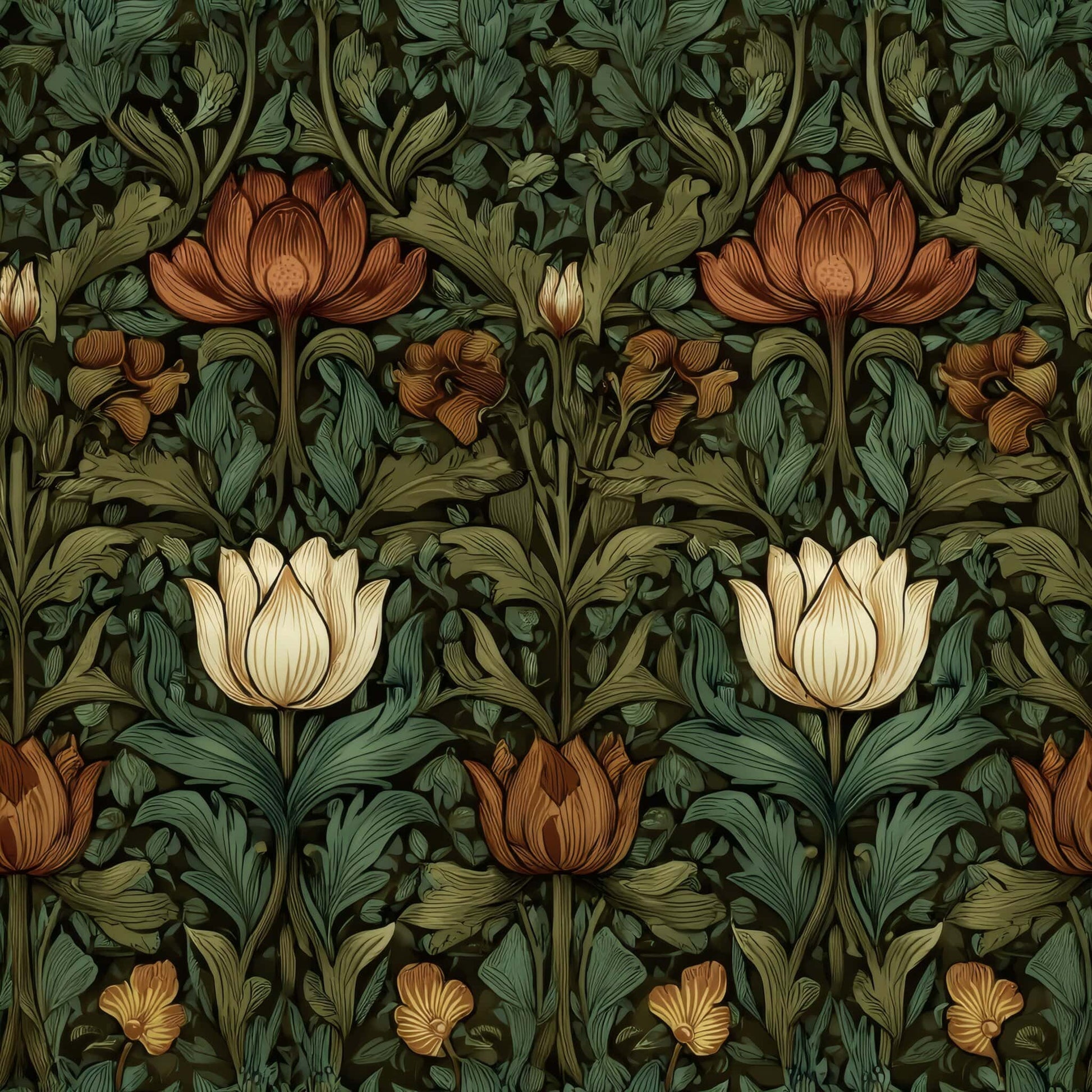 Floral wallpaper with intricate botanical patterns in green, brown, and orange tones.