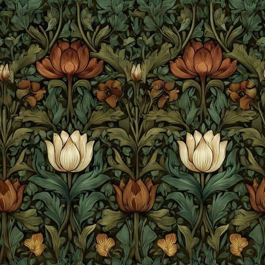 Floral wallpaper with intricate botanical patterns in green, brown, and orange tones.