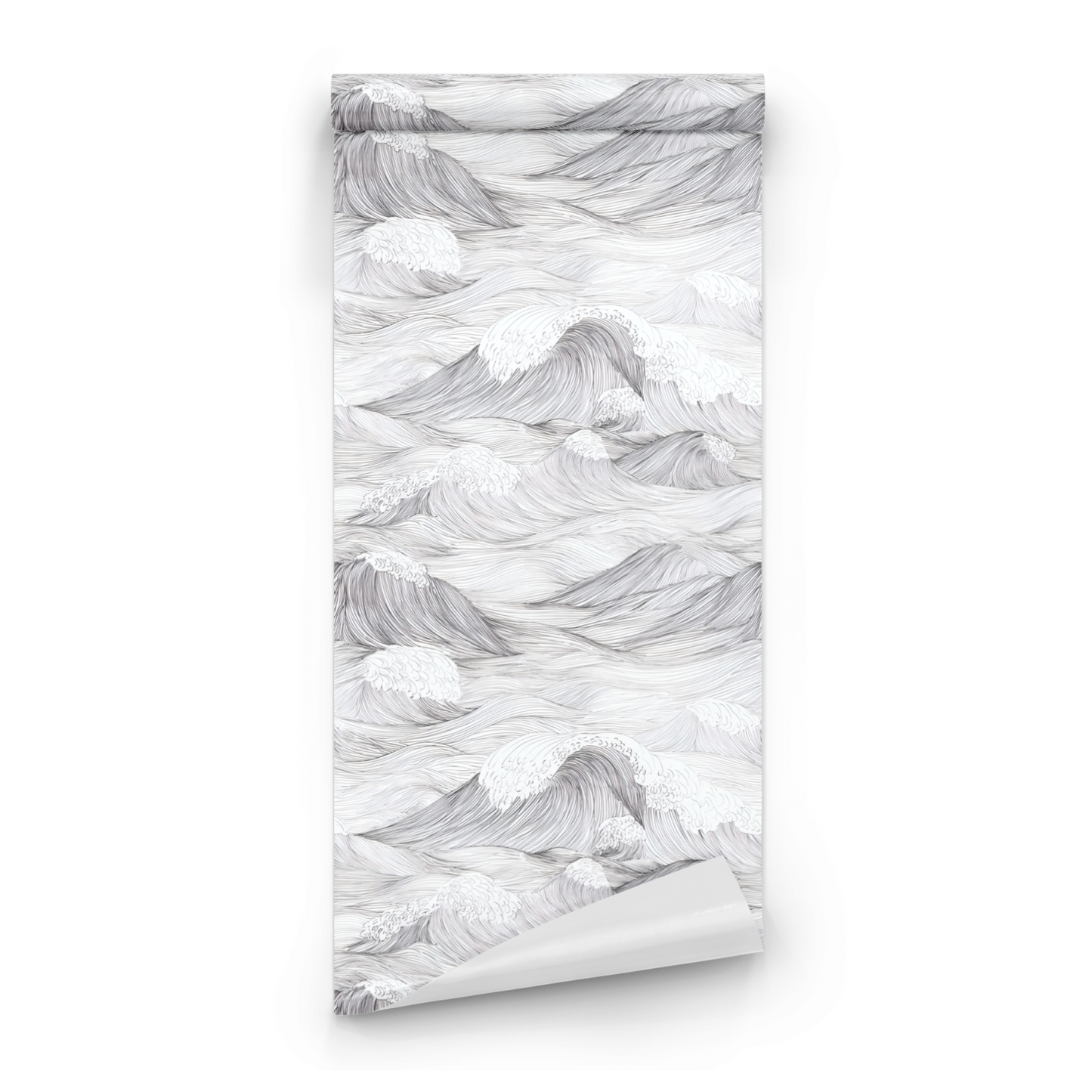 White Abstract Wallpaper roll preview showing the wave swell drawing in close white monochrome detail