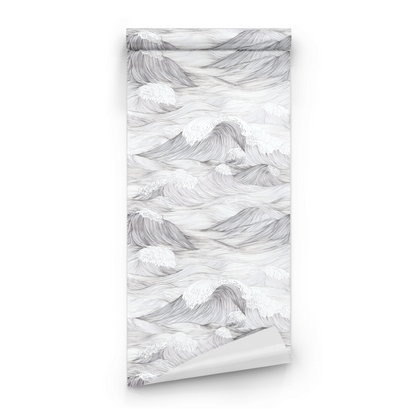 White Abstract Wallpaper roll preview showing the wave swell drawing in close white monochrome detail