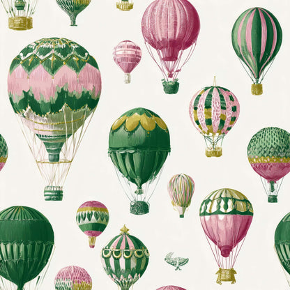 Patterned wallpaper with colorful hot air balloons in green, pink, and yellow tones.