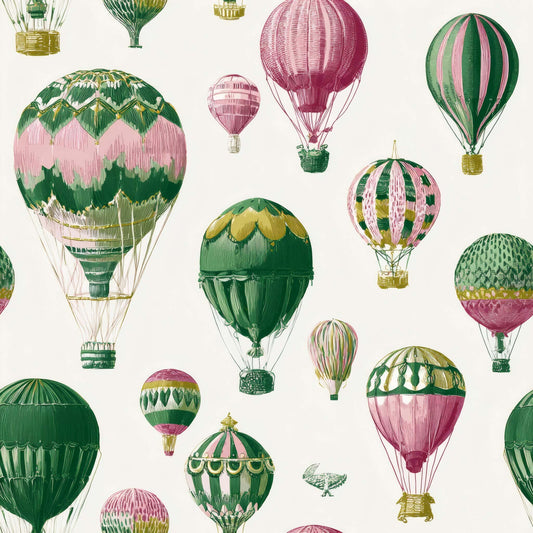 Patterned wallpaper with colorful hot air balloons in green, pink, and yellow tones.