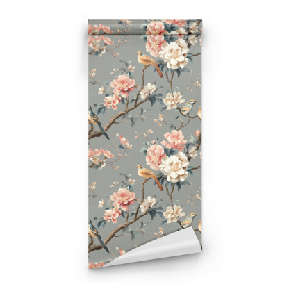 Grey Floral Wallpaper roll preview showing the finch-and-floral drawing in close watercolor pink-and-grey detail