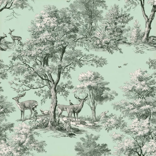 Wallpaper design with detailed forest scenery featuring deer and trees on a light green background.