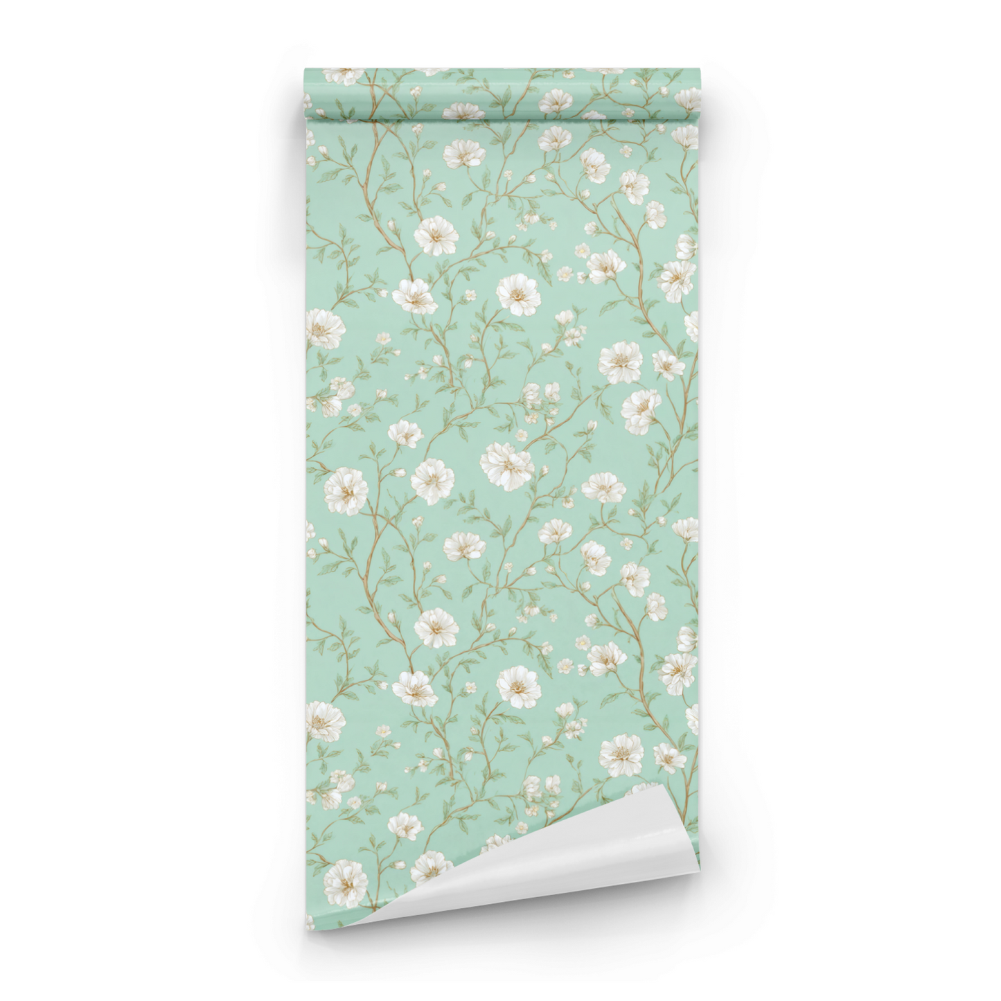 Green Floral Wallpaper roll close-up showing the dogwood drawing in close soft seafoam green cottagecore detail