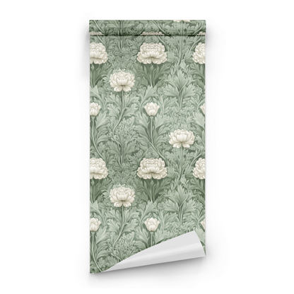 Green Floral Wallpaper roll close-up showing the peony flower drawing in the celadon green Arts and Crafts palette