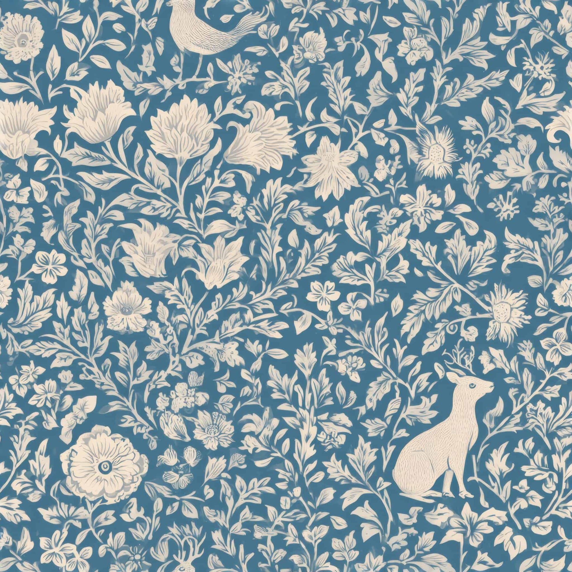 Wallpaper with whimsical floral and animal patterns in blue and cream tones.