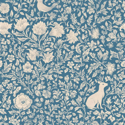 Wallpaper with whimsical floral and animal patterns in blue and cream tones.