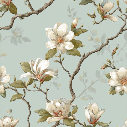 Wallpaper featuring delicate magnolia flowers with green leaves on a muted background.