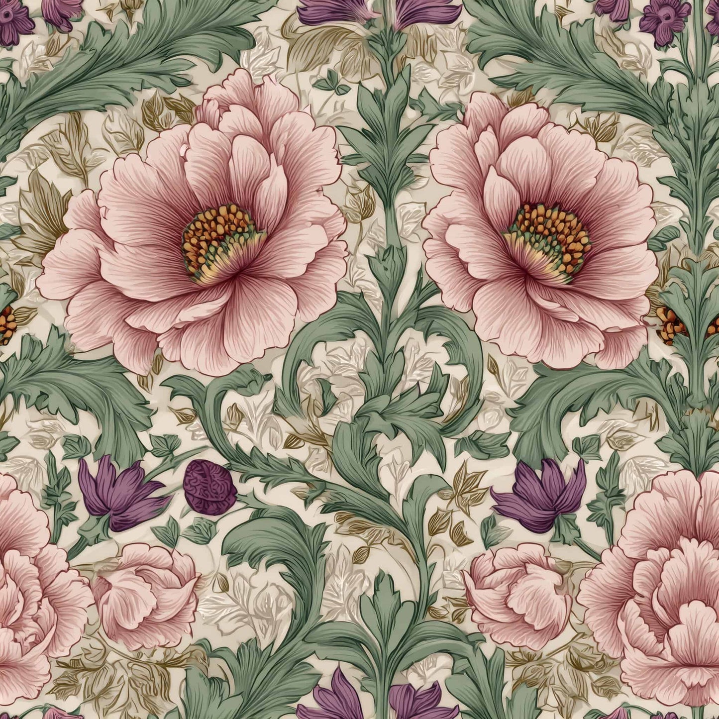 Floral wallpaper pattern with large pink flowers, green leaves, and purple accents on a beige background.