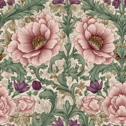 Floral wallpaper pattern with large pink flowers, green leaves, and purple accents on a beige background.