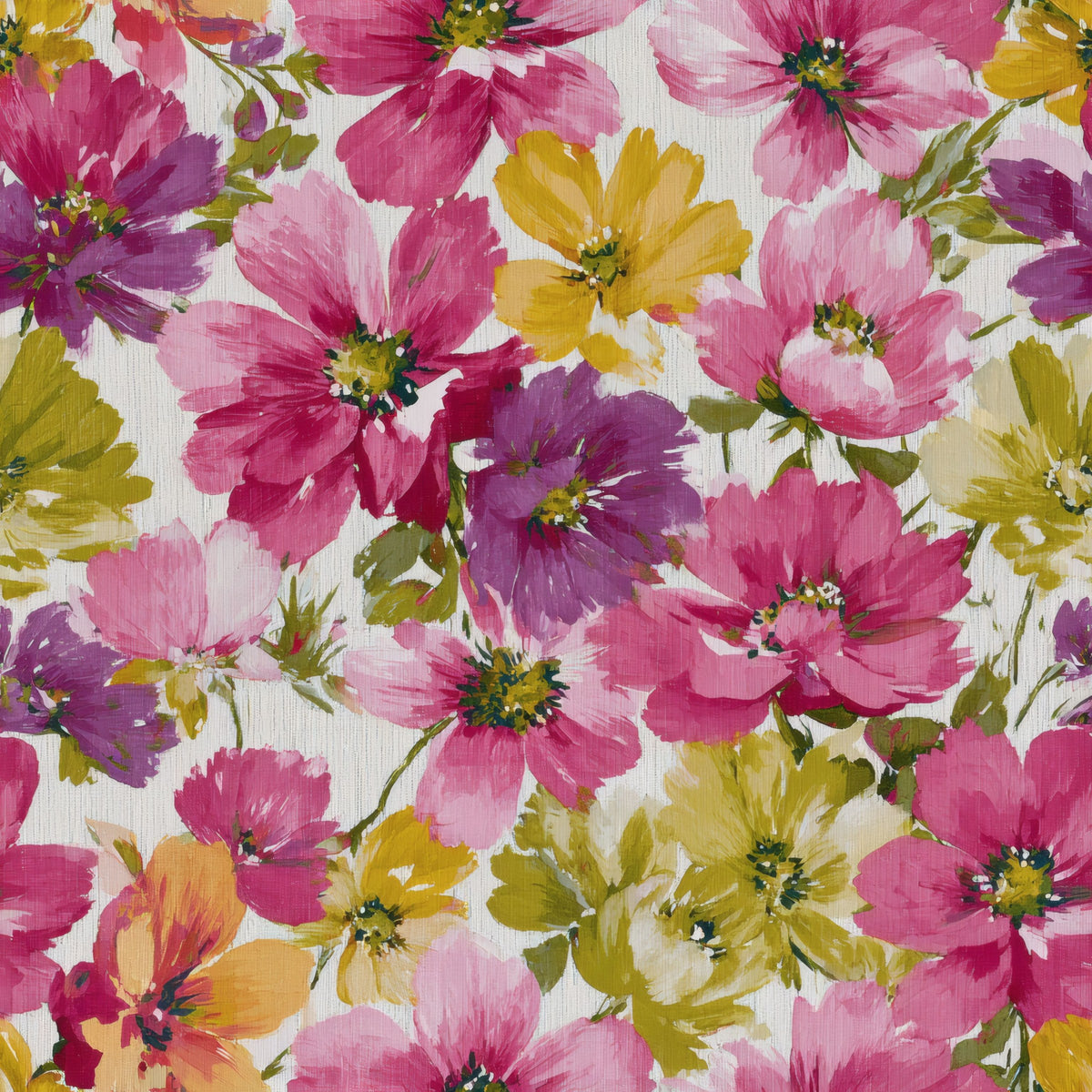 Watercolor cosmos flowers in fuchsia pink, marigold and olive green on a white ground.