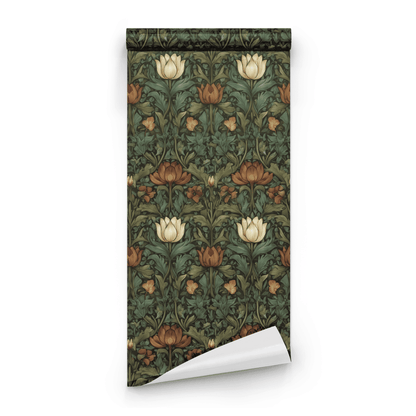 Green Floral Wallpaper roll preview showing the lotus floral drawing in deep green moody Victorian detail