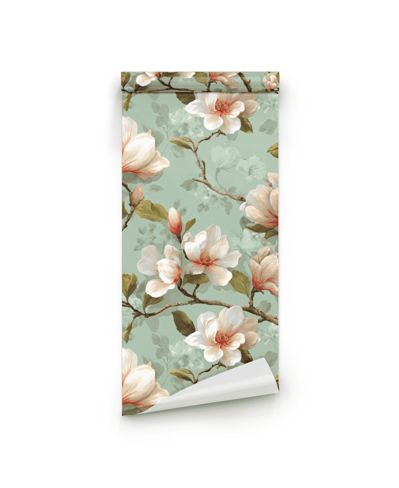 Magnolia Dream Wallpaper features a rolled sheet with white and pink magnolia flowers set on an elegant green background.