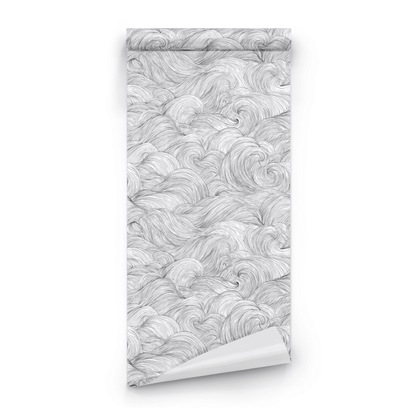 Grey Abstract Wallpaper roll close-up showing the swirl drawing in close grey linear abstract detail