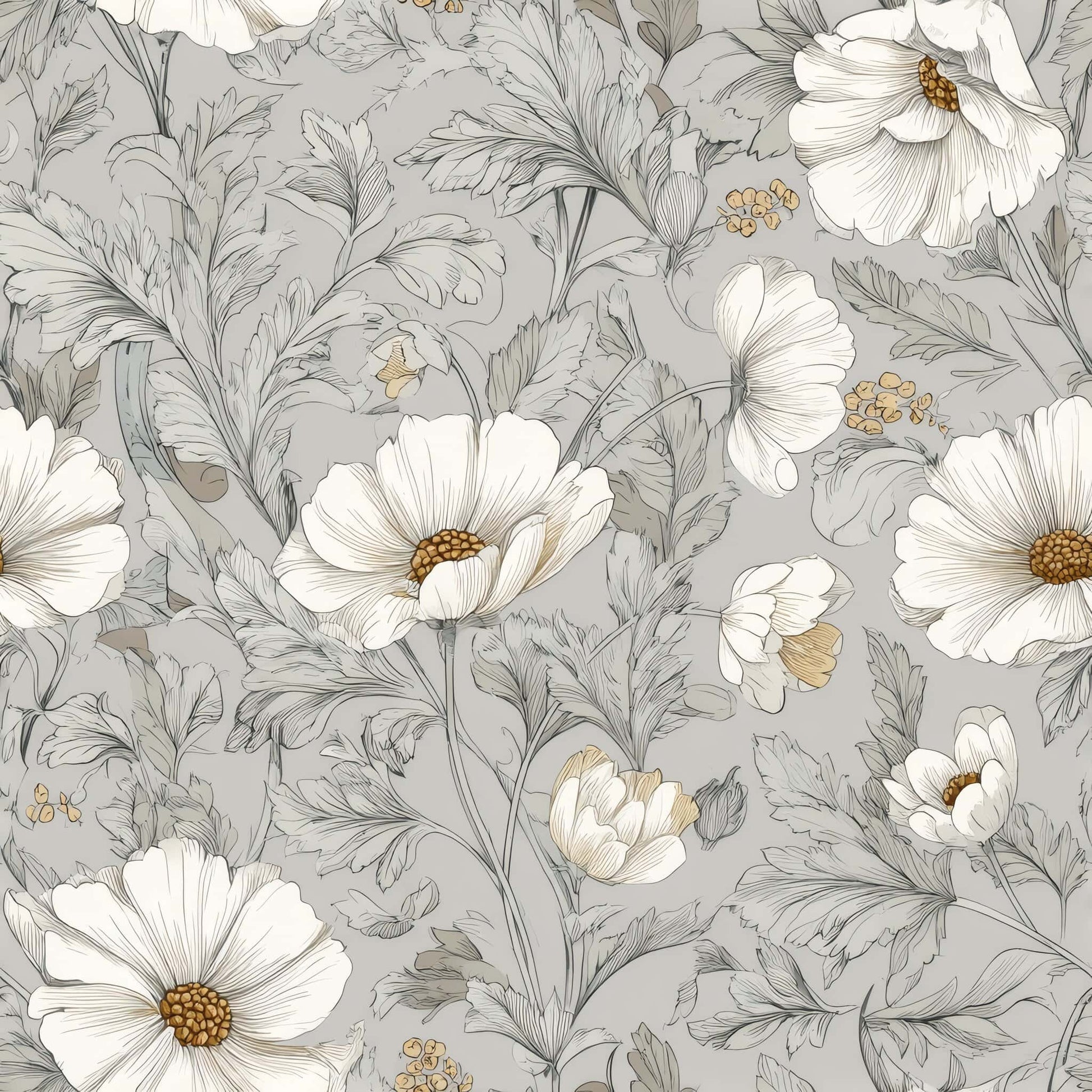 Delicate white and beige floral patterns on a soft gray background, elegant and serene.