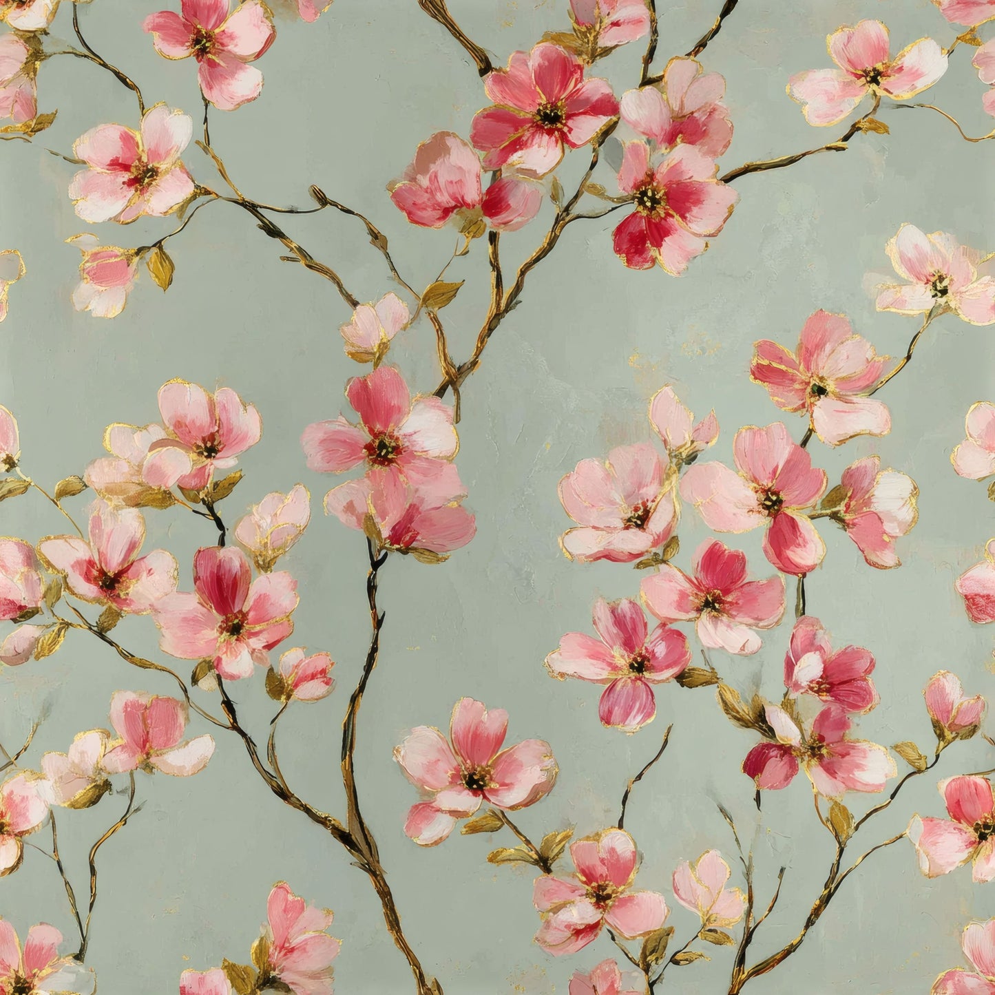 Pink watercolor dogwood blossoms on branches across a muted sage green ground.